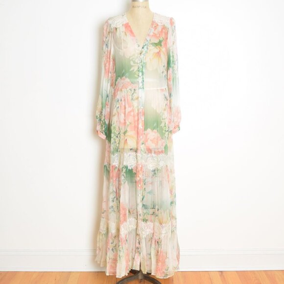 Johnny Was silk dress ruksana sheer floral print boho hippie sheer maxi long M - Picture 1 of 9